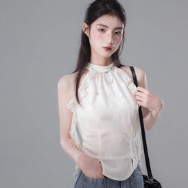 Feather Apricot White Design Lace Halter Sling - MEIMMEIM(メイムメイム)