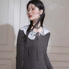 Gray Palace Lace Collar Wool Dress - MEIMMEIM(メイムメイム)