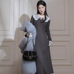 Gray Palace Lace Collar Wool Dress - MEIMMEIM(メイムメイム)