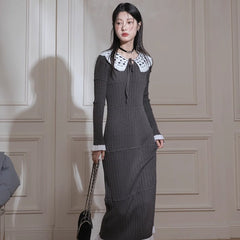 Gray Palace Lace Collar Wool Dress - MEIMMEIM(メイムメイム)