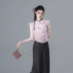 Hollow flower light pink collar printed chiffon shirt - MEIMMEIM(メイムメイム)