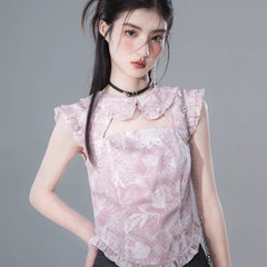 Hollow flower light pink collar printed chiffon shirt - MEIMMEIM(メイムメイム)