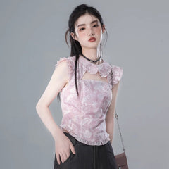 Hollow flower light pink collar printed chiffon shirt - MEIMMEIM(メイムメイム)