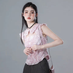 Hollow flower light pink collar printed chiffon shirt - MEIMMEIM(メイムメイム)