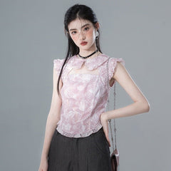 Hollow flower light pink collar printed chiffon shirt - MEIMMEIM(メイムメイム)