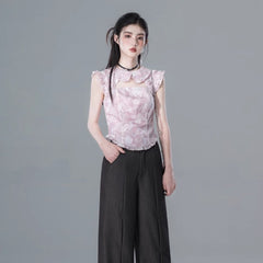 Hollow flower light pink collar printed chiffon shirt - MEIMMEIM(メイムメイム)