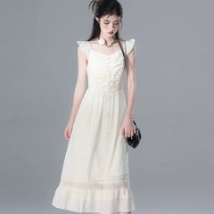 Honey Light Yellow Bead Embroidery Gathered Kohiyoku Dress - MEIMMEIM(メイムメイム)