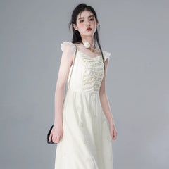 Honey Light Yellow Bead Embroidery Gathered Kohiyoku Dress - MEIMMEIM(メイムメイム)