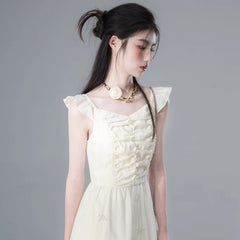 Honey Light Yellow Bead Embroidery Gathered Kohiyoku Dress - MEIMMEIM(メイムメイム)