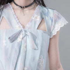 Ice ocean blue hollow romantic embroidery dress - MEIMMEIM(メイムメイム)