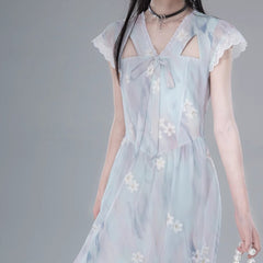 Ice ocean blue hollow romantic embroidery dress - MEIMMEIM(メイムメイム)