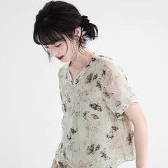 Ink painting butterfly print short-sleeved collar slanted shirt - MEIMMEIM(メイムメイム)