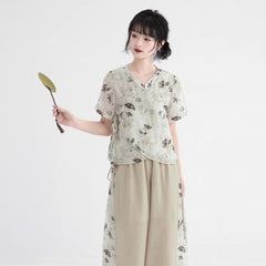 Ink painting butterfly print short-sleeved collar slanted shirt - MEIMMEIM(メイムメイム)