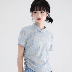 Jacquard Cheongsam Collar Shirt Tassel Slit Top - MEIMMEIM(メイムメイム)