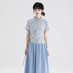 Jacquard Cheongsam Collar Shirt Tassel Slit Top - MEIMMEIM(メイムメイム)