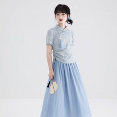 Jacquard Cheongsam Collar Shirt Tassel Slit Top - MEIMMEIM(メイムメイム)