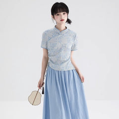 Jacquard Cheongsam Collar Shirt Tassel Slit Top - MEIMMEIM(メイムメイム)