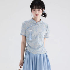 Jacquard Cheongsam Collar Shirt Tassel Slit Top - MEIMMEIM(メイムメイム)