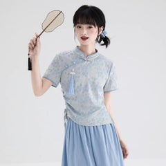 Jacquard Cheongsam Collar Shirt Tassel Slit Top - MEIMMEIM(メイムメイム)