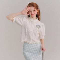 Jacquard Top Lace White French Short Sleeve Shirt - MEIMMEIM(メイムメイム)