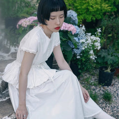 Lace waist ruffled fake two - piece dress white skirt - MEIMMEIM(メイムメイム)