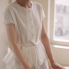 Lace waist ruffled fake two - piece dress white skirt - MEIMMEIM(メイムメイム)