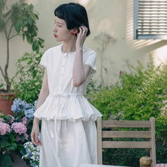 Lace waist ruffled fake two - piece dress white skirt - MEIMMEIM(メイムメイム)