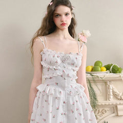 Liberty Flowers and Wooden Ear Trim Sweet Dress - MEIMMEIM(メイムメイム)