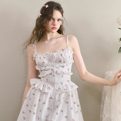 Liberty Flowers and Wooden Ear Trim Sweet Dress - MEIMMEIM(メイムメイム)