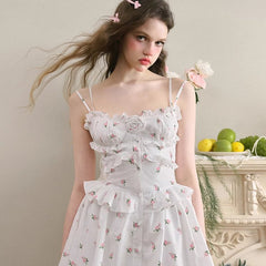 Liberty Flowers and Wooden Ear Trim Sweet Dress - MEIMMEIM(メイムメイム)