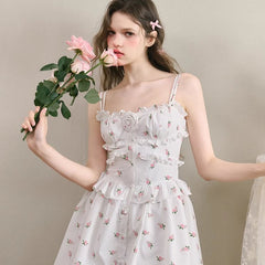 Liberty Flowers and Wooden Ear Trim Sweet Dress - MEIMMEIM(メイムメイム)