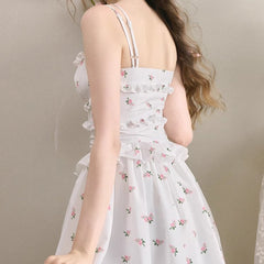 Liberty Flowers and Wooden Ear Trim Sweet Dress - MEIMMEIM(メイムメイム)