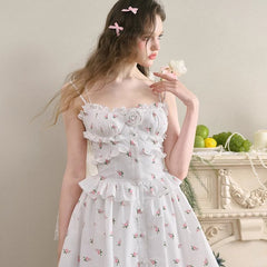 Liberty Flowers and Wooden Ear Trim Sweet Dress - MEIMMEIM(メイムメイム)