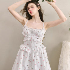 Liberty Flowers and Wooden Ear Trim Sweet Dress - MEIMMEIM(メイムメイム)