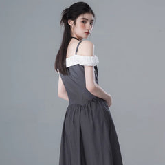 Light ink gray one shoulder contrast color dress - MEIMMEIM(メイムメイム)