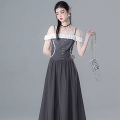 Light ink gray one shoulder contrast color dress - MEIMMEIM(メイムメイム)