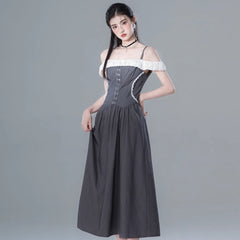 Light ink gray one shoulder contrast color dress - MEIMMEIM(メイムメイム)