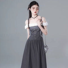 Light ink gray one shoulder contrast color dress - MEIMMEIM(メイムメイム)