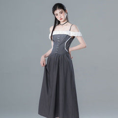 Light ink gray one shoulder contrast color dress - MEIMMEIM(メイムメイム)