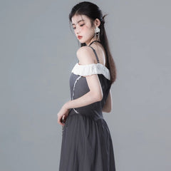 Light ink gray one shoulder contrast color dress - MEIMMEIM(メイムメイム)