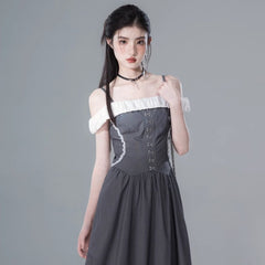 Light ink gray one shoulder contrast color dress - MEIMMEIM(メイムメイム)