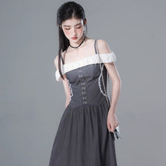 Light ink gray one shoulder contrast color dress - MEIMMEIM(メイムメイム)