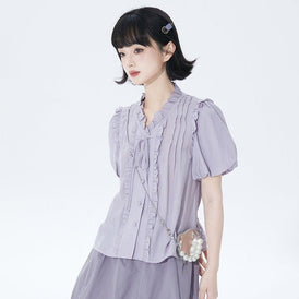 Light purple puff sleeve shirt with lace collar - MEIMMEIM(メイムメイム)