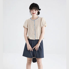 Oatmeal bud sleeve knitted cardigan embroidered short - sleeved top - MEIMMEIM(メイムメイム)