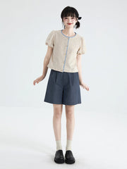 Oatmeal bud sleeve knitted cardigan embroidered short - sleeved top - MEIMMEIM(メイムメイム)