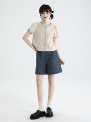 Oatmeal bud sleeve knitted cardigan embroidered short - sleeved top - MEIMMEIM(メイムメイム)