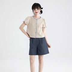 Oatmeal bud sleeve knitted cardigan embroidered short - sleeved top - MEIMMEIM(メイムメイム)