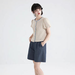 Oatmeal bud sleeve knitted cardigan embroidered short - sleeved top - MEIMMEIM(メイムメイム)