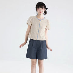 Oatmeal bud sleeve knitted cardigan embroidered short - sleeved top - MEIMMEIM(メイムメイム)