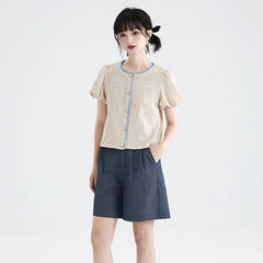 Oatmeal bud sleeve knitted cardigan embroidered short - sleeved top - MEIMMEIM(メイムメイム)